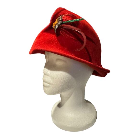 1960's American Vintage Emme Boutique Red Wool Hat, Feathers, fold over size S-M - Picture 15 of 16